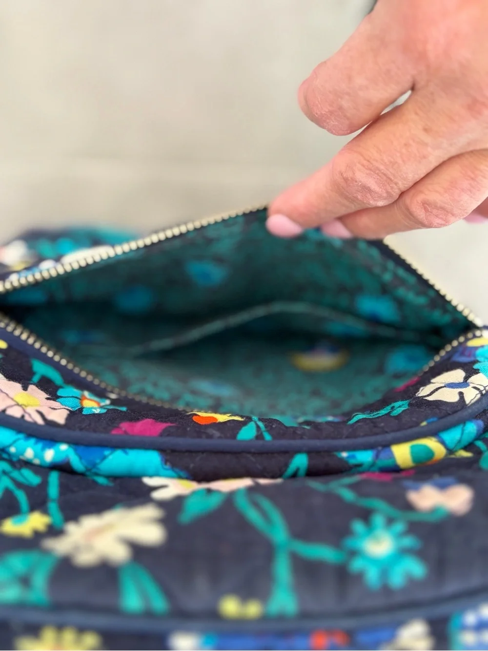 Vera Bradley Black Floral Mini Backpack with Teal, Yellow and White Flowers